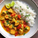 Creamy Brazilian coconut chicken served in a skillet over a bed of white rice, garnished with lime and cilantro.