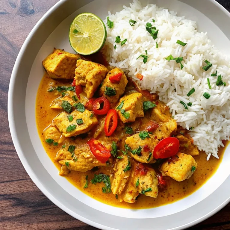 Creamy Brazilian coconut chicken served in a skillet over a bed of white rice, garnished with lime and cilantro.