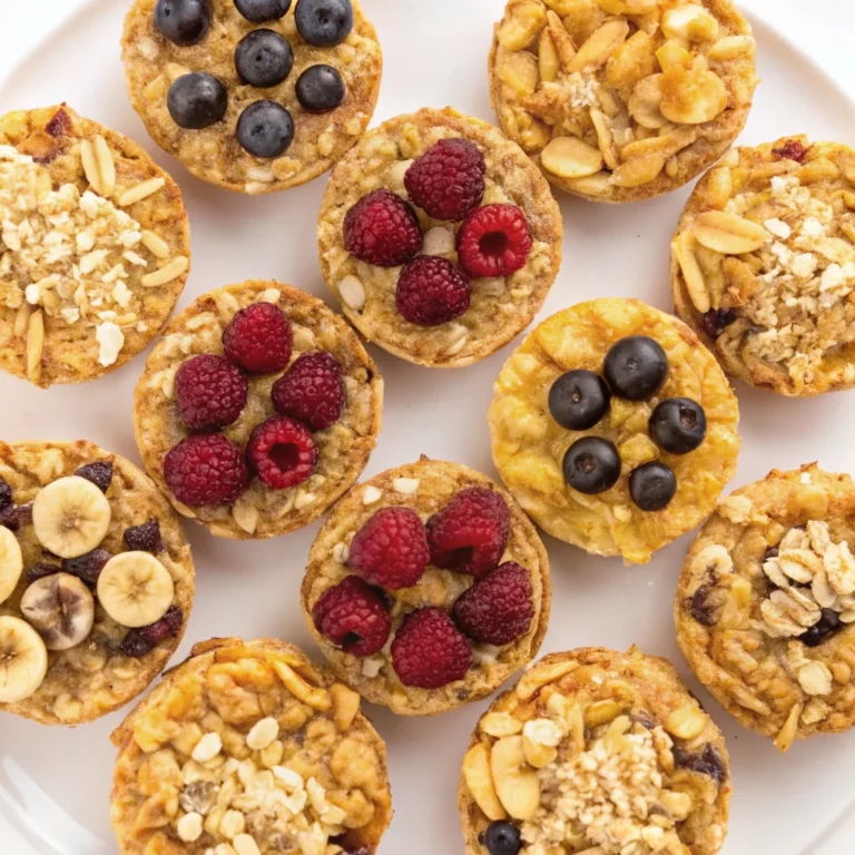 Easy 4-Ingredient Baked Oatmeal Cups in a muffin tin with raspberries and chocolate chips.