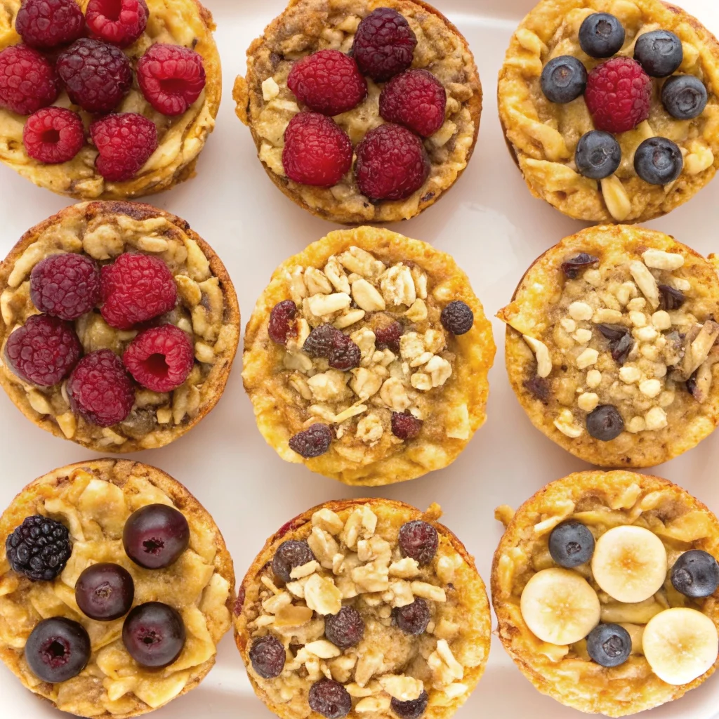 Easy 4-Ingredient Baked Oatmeal Cups in a muffin tin with raspberries and chocolate chips.
