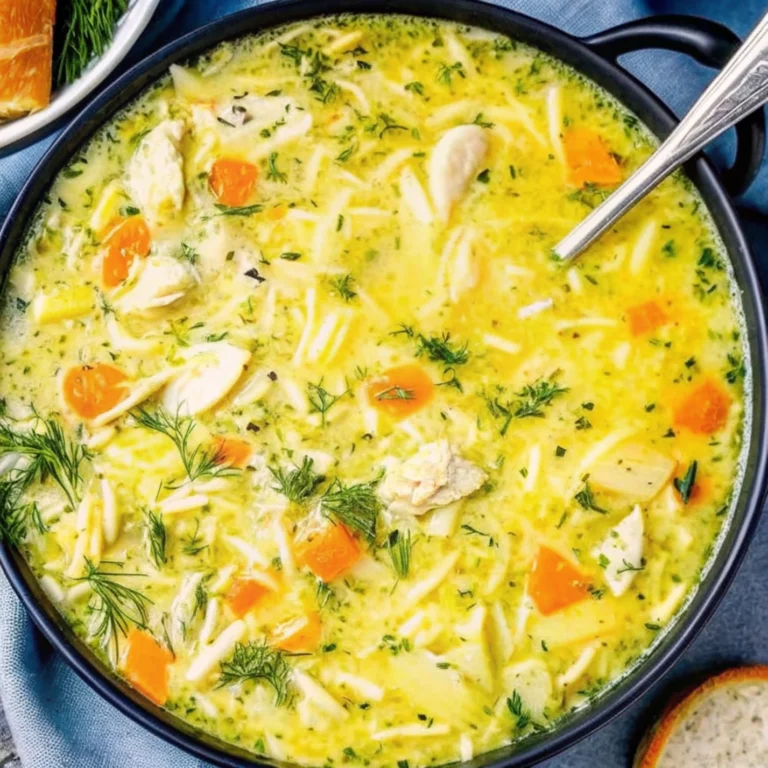 A bowl of creamy Greek lemon chicken soup (Avgolemono) with orzo pasta, shredded chicken, and a garnish of fresh dill.
