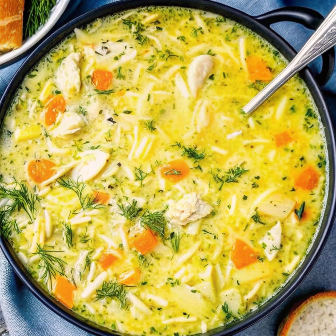 A bowl of creamy Greek lemon chicken soup (Avgolemono) with orzo pasta, shredded chicken, and a garnish of fresh dill.