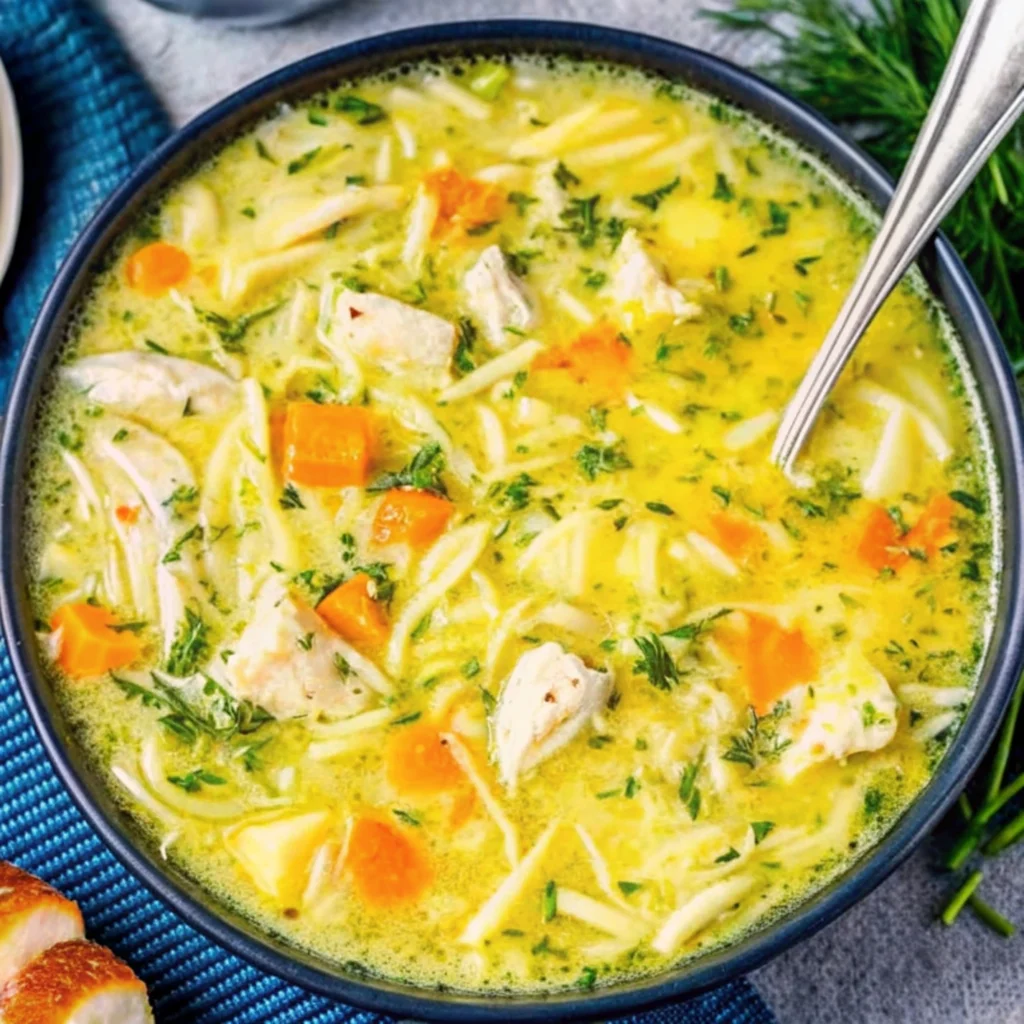 A bowl of creamy Greek lemon chicken soup (Avgolemono) with orzo pasta, shredded chicken, and a garnish of fresh dill.