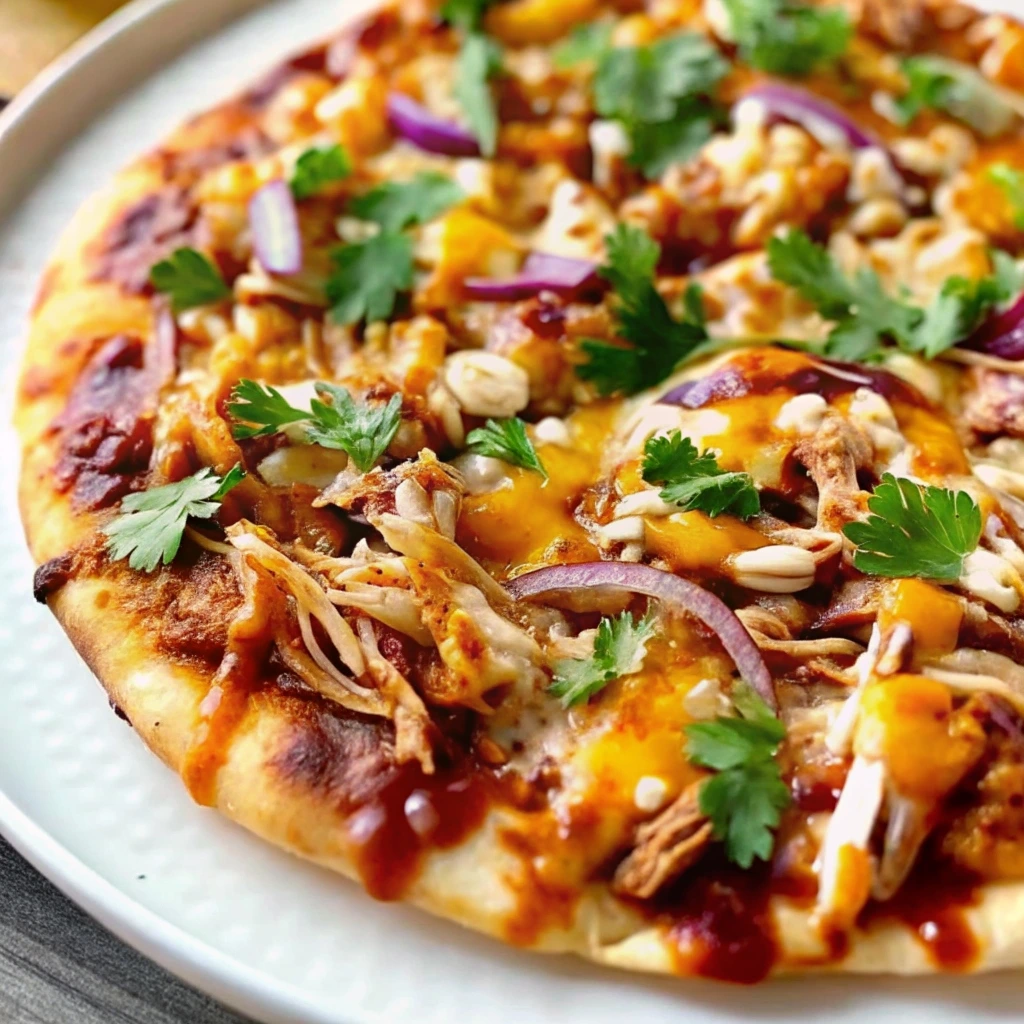 Freshly baked BBQ chicken flatbread with melted cheese on a wooden board.