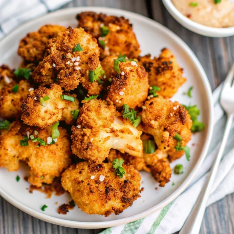 Crispy Vegan Bang Bang Cauliflower with creamy spicy sauce in a white bowl.