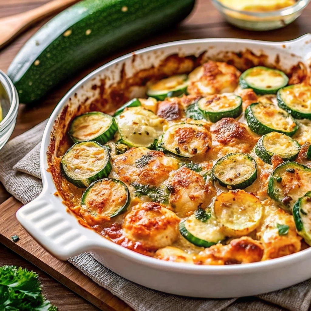 Easy Chicken Zucchini Bake with golden chicken and zucchini in a baking dish.