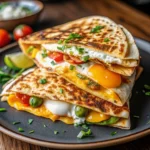 A quesadilla cut into wedges on a plate, showing a fried egg with a runny yolk, melted cheese, and avocado inside.