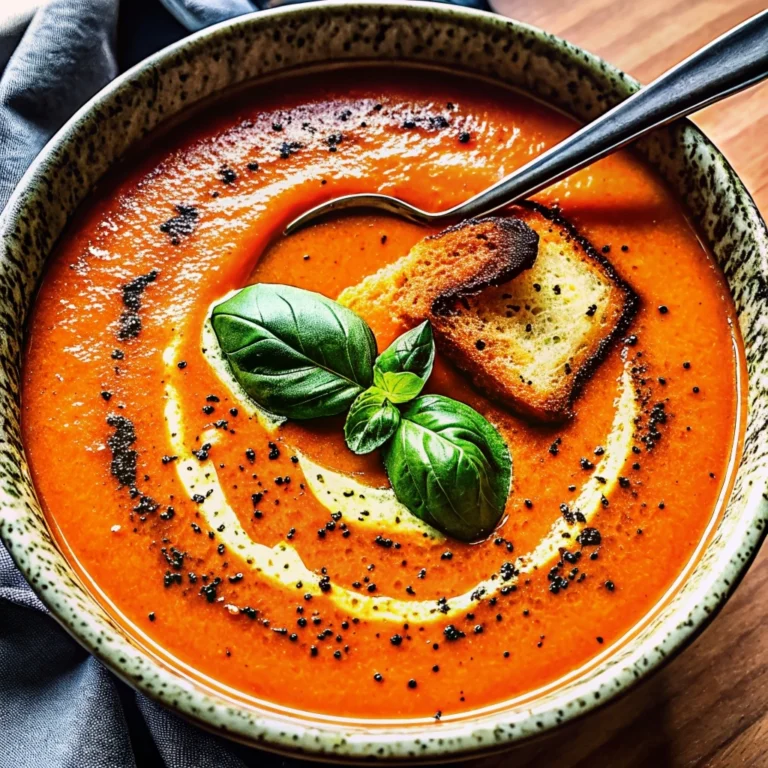A bowl of rich, creamy roasted tomato soup garnished with fresh basil, inspired by Gordon Ramsay's recipe.