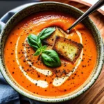 A bowl of rich, creamy roasted tomato soup garnished with fresh basil, inspired by Gordon Ramsay's recipe.