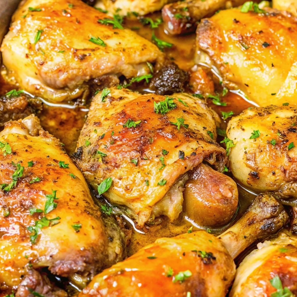 Easy baked 3-ingredient Italian chicken thighs in a white ceramic dish.