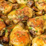 Easy baked 3-ingredient Italian chicken thighs in a white ceramic dish.
