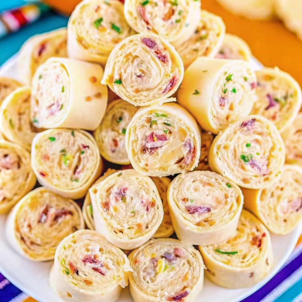 Platter of easy Crack Chicken Pinwheels appetizers with creamy filling.