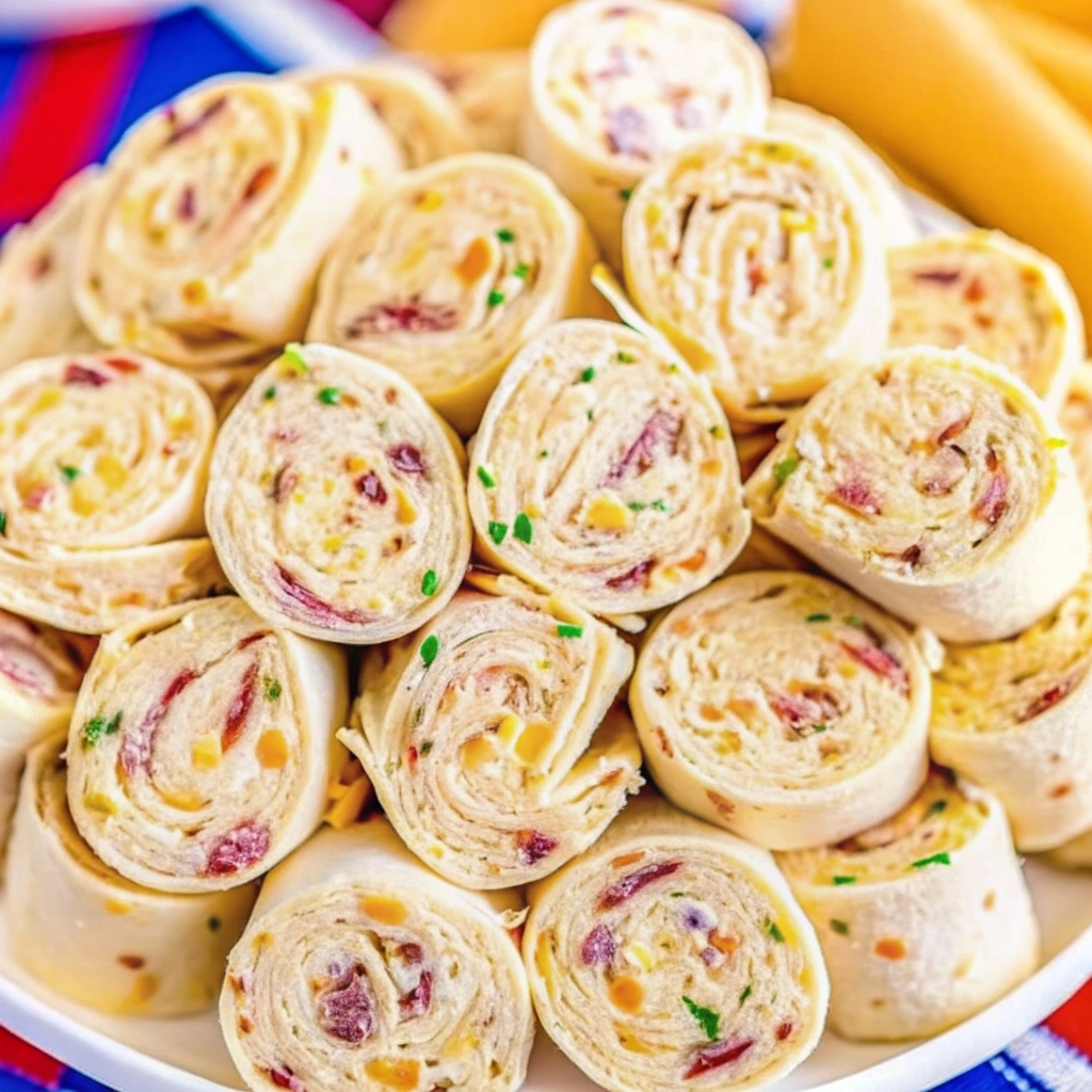 Platter of easy Crack Chicken Pinwheels appetizers with creamy filling.