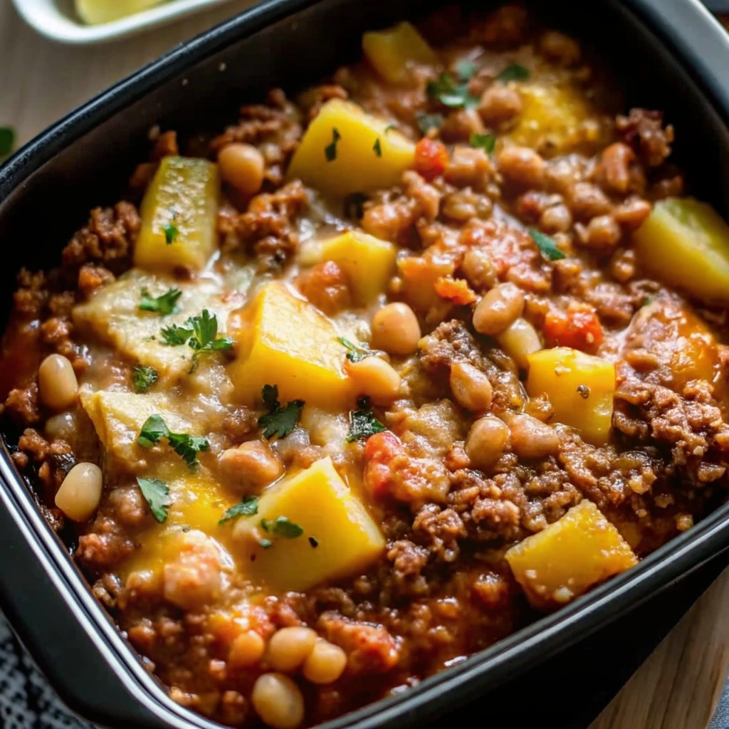 A bowl of hearty Slow Cooker Cowboy Casserole with tater tots.