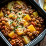 A bowl of hearty Slow Cooker Cowboy Casserole with tater tots.