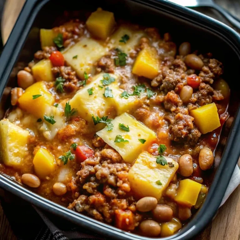 A bowl of hearty Slow Cooker Cowboy Casserole with tater tots.
