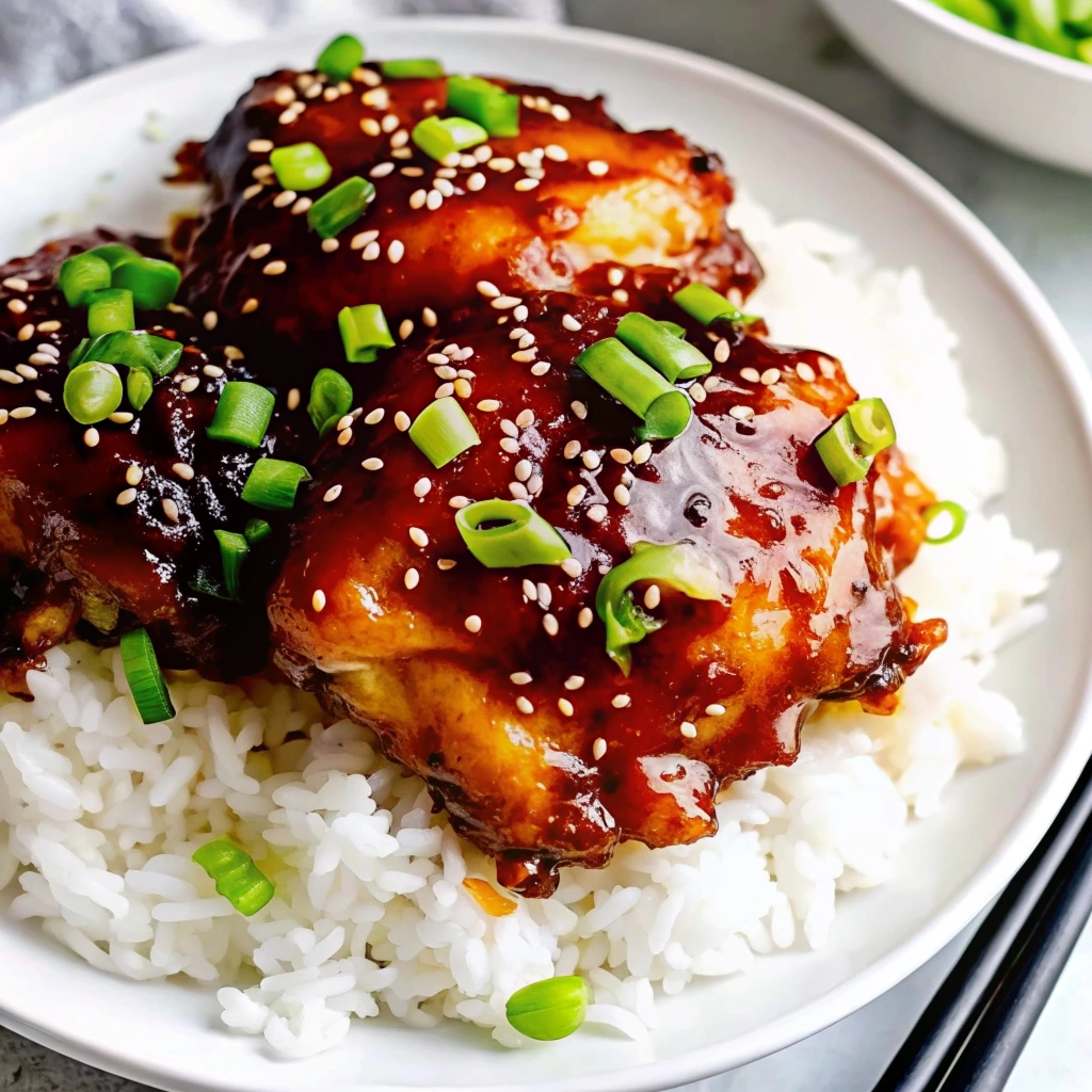 Slow cooker honey garlic chicken with sticky sauce served over rice.