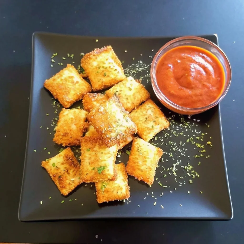 Crispy toasted ravioli in an air fryer basket with marinara sauce.