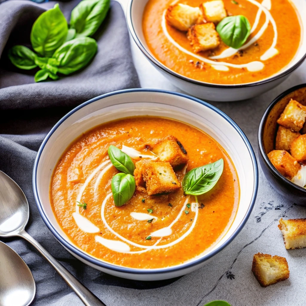 A bowl of smooth, creamy homemade tomato soup garnished with fresh basil leaves.