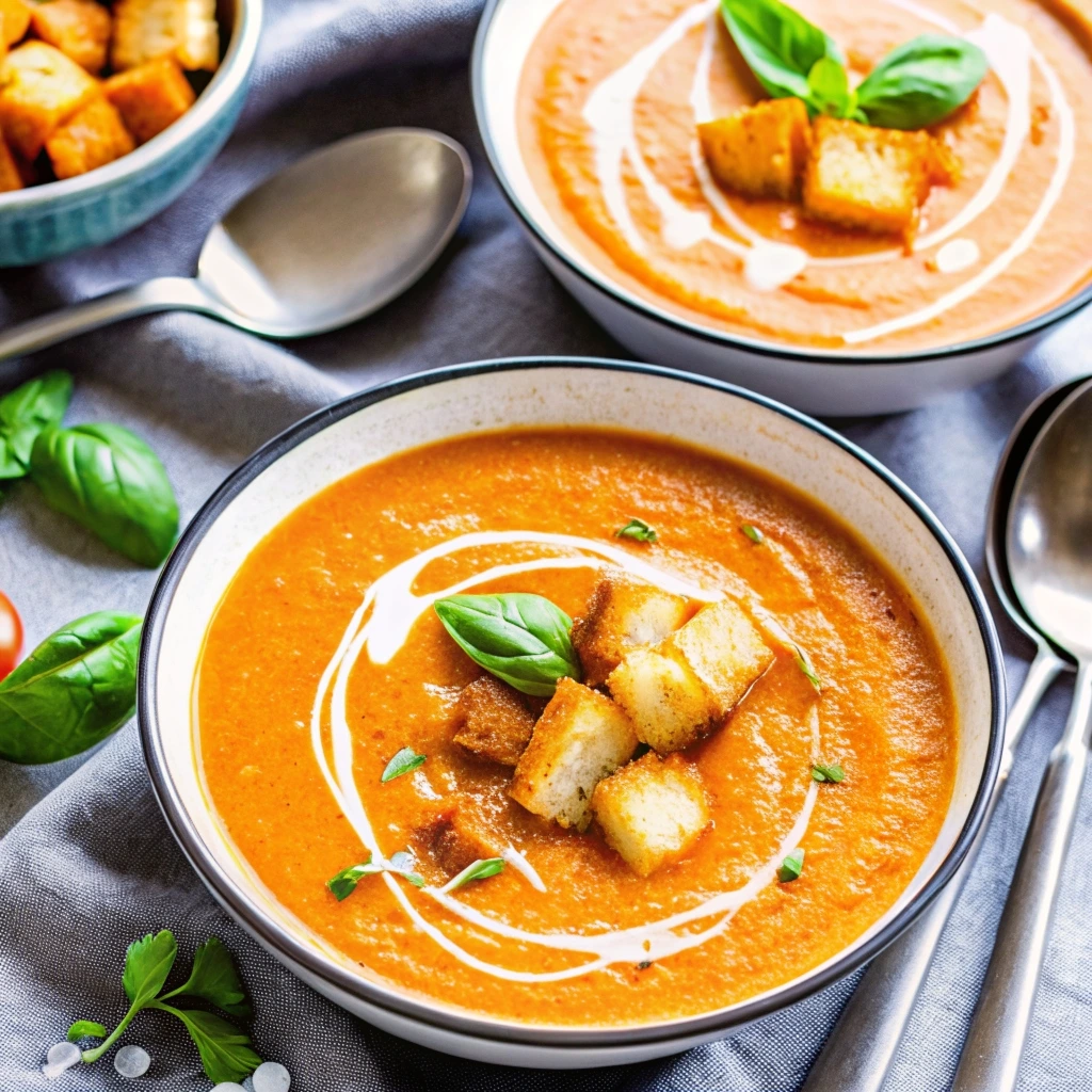 A bowl of smooth, creamy homemade tomato soup garnished with fresh basil leaves.