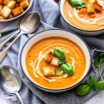 A bowl of smooth, creamy homemade tomato soup garnished with fresh basil leaves.