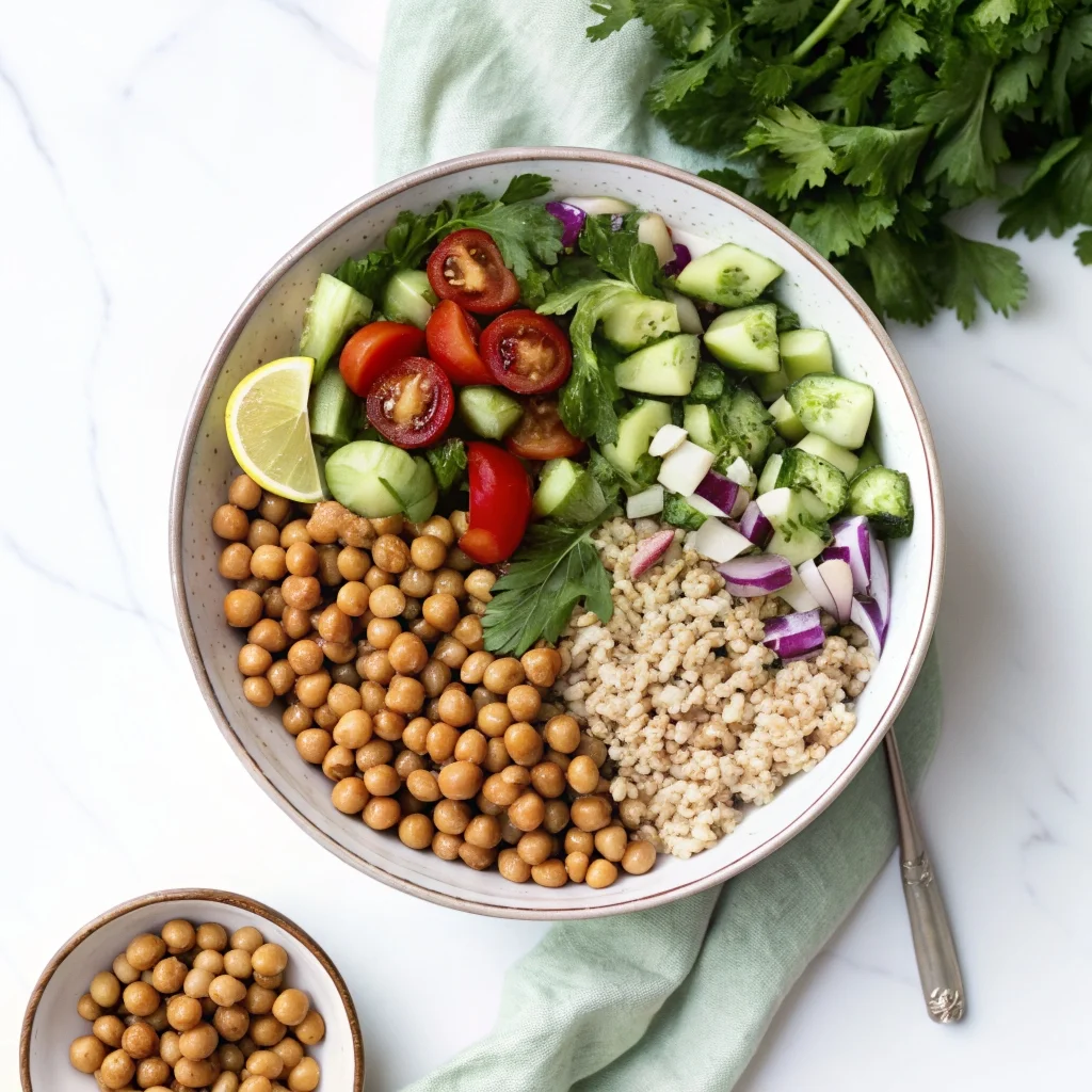 Colorful Mediterranean Chickpea Bowl with crispy chickpeas and fresh vegetables.