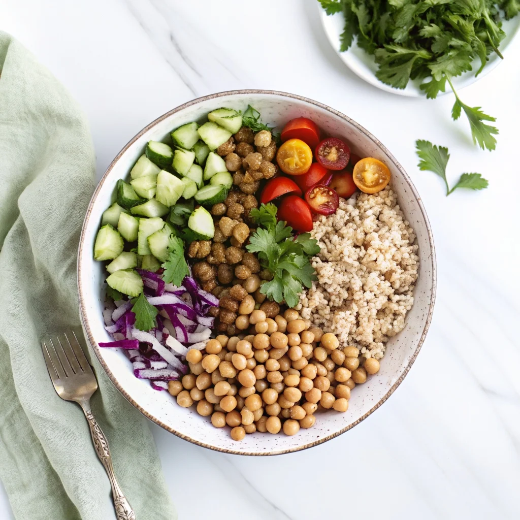 Colorful Mediterranean Chickpea Bowl with crispy chickpeas and fresh vegetables.