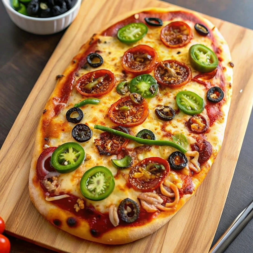 Hot Honey Flatbread Pizza with melted cheese and salami on a wooden board.