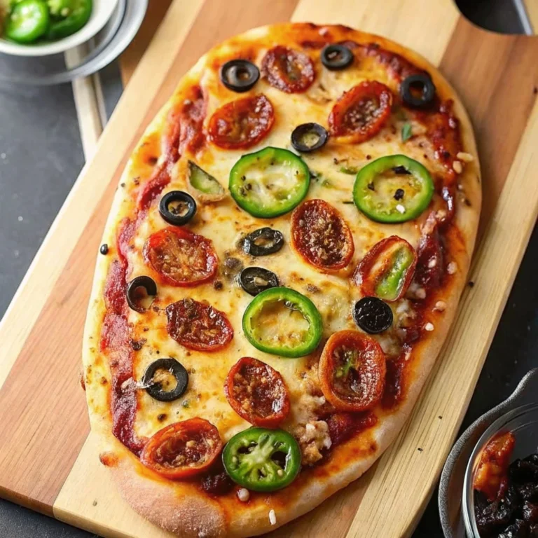 Hot Honey Flatbread Pizza with melted cheese and salami on a wooden board.