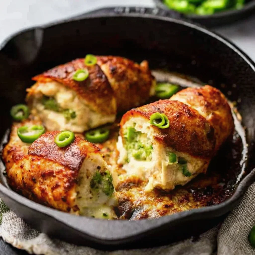 Jalapeño Popper Stuffed Chicken breast sliced open to show melted cheese and jalapeño filling.