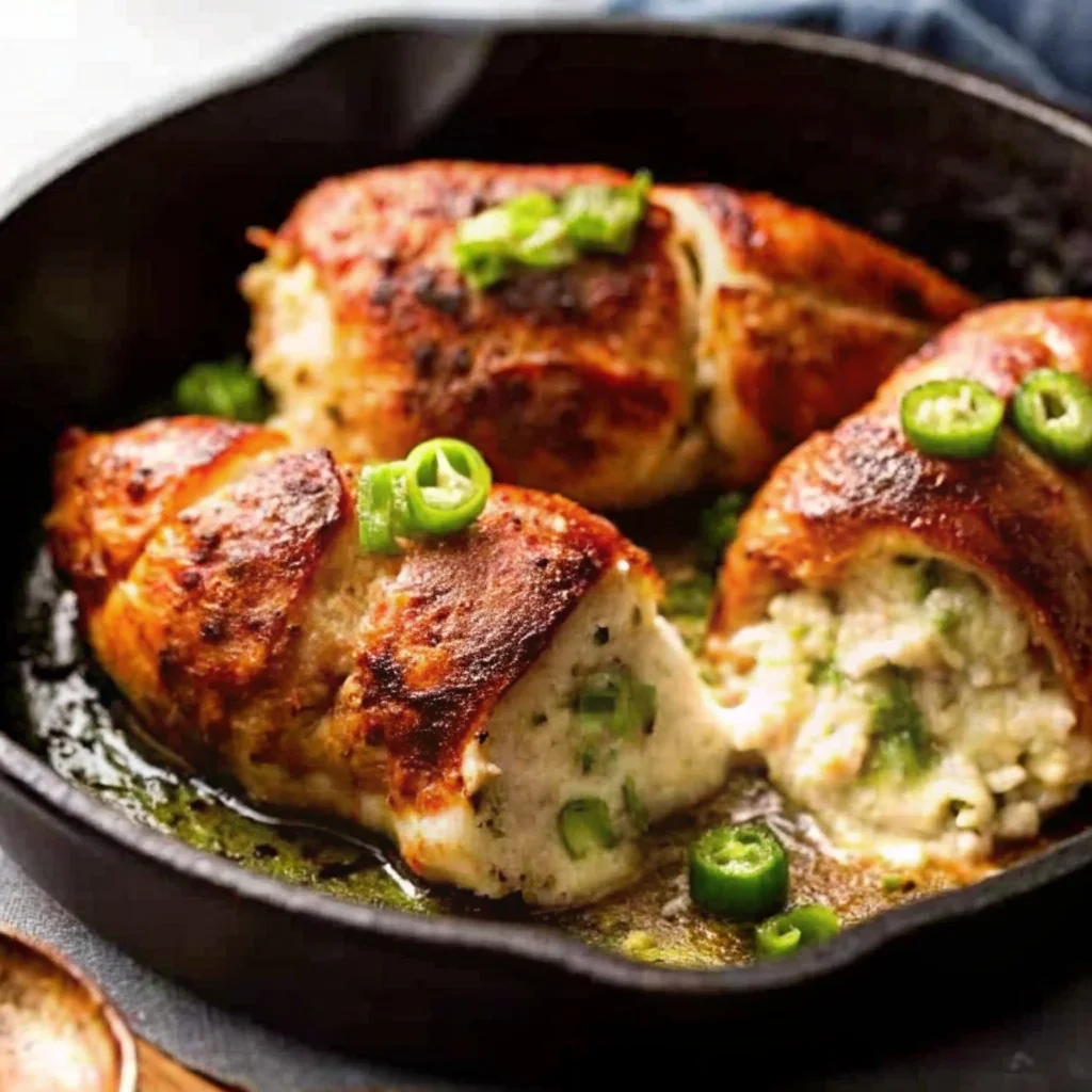 Jalapeño Popper Stuffed Chicken breast sliced open to show melted cheese and jalapeño filling.