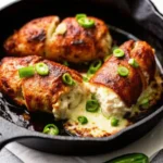 Jalapeño Popper Stuffed Chicken breast sliced open to show melted cheese and jalapeño filling.