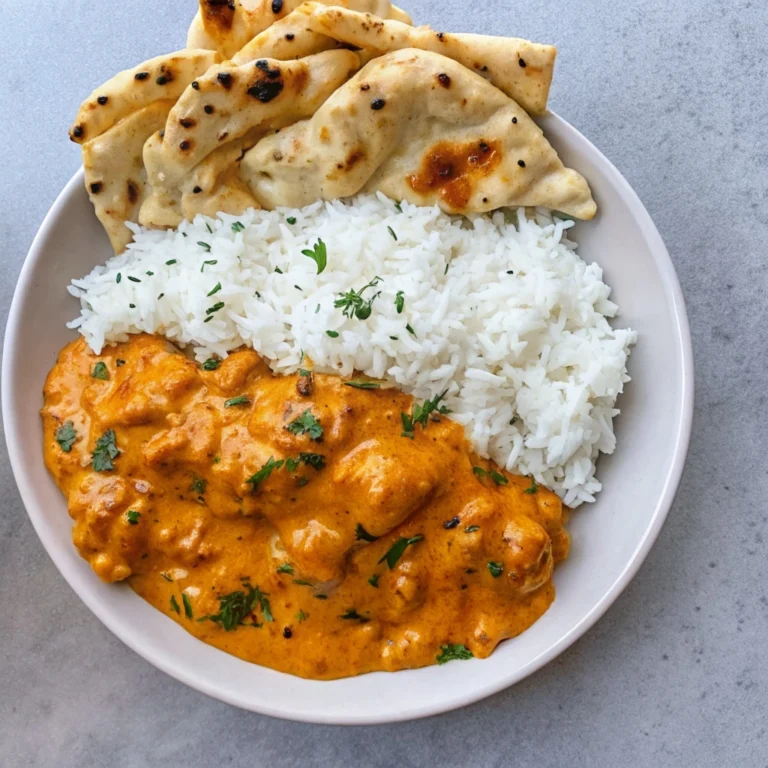 Creamy homemade butter chicken in a skillet, served with basmati rice and fresh cilantro.