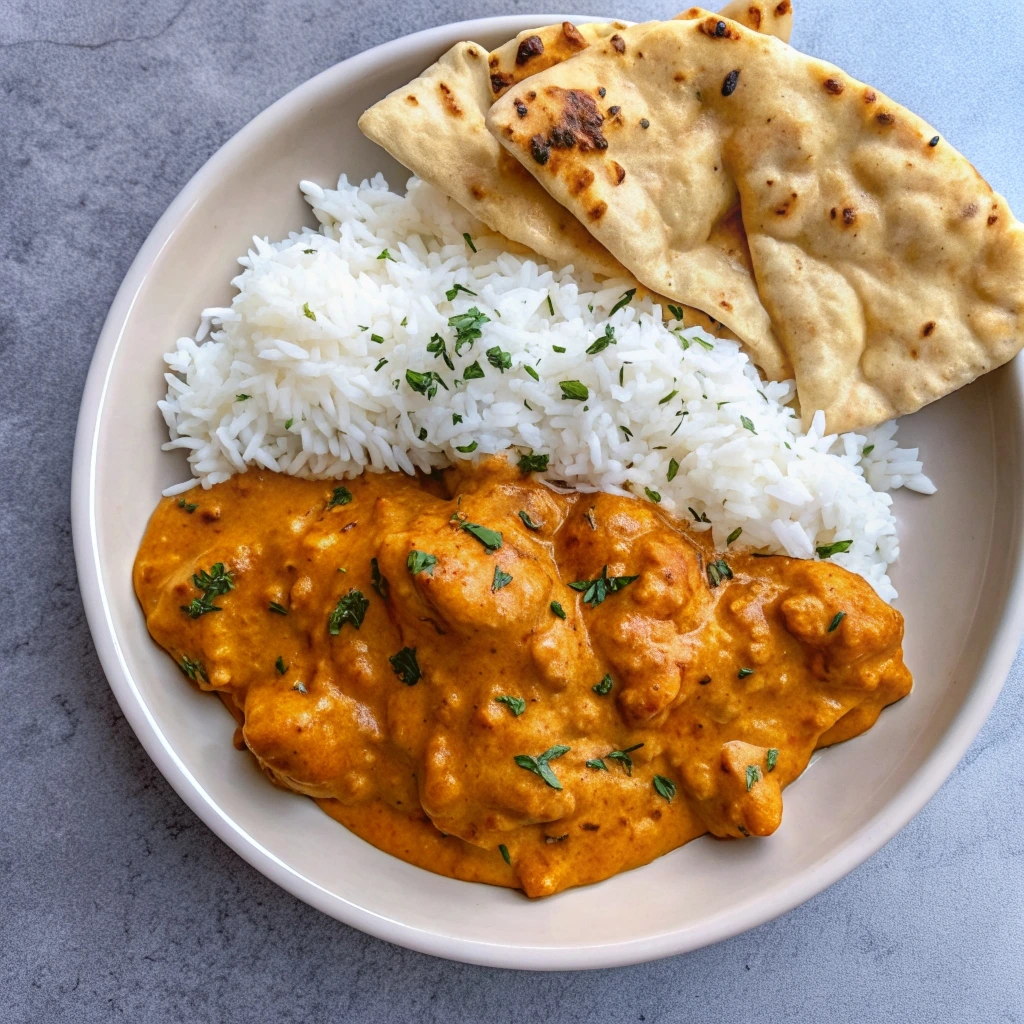 Creamy homemade butter chicken in a skillet, served with basmati rice and fresh cilantro.
