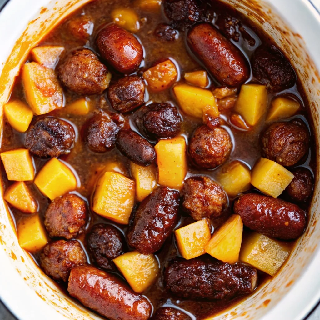 Easy, saucy Slow Cooker Meatball Pineapple Smokies – perfect party appetizer