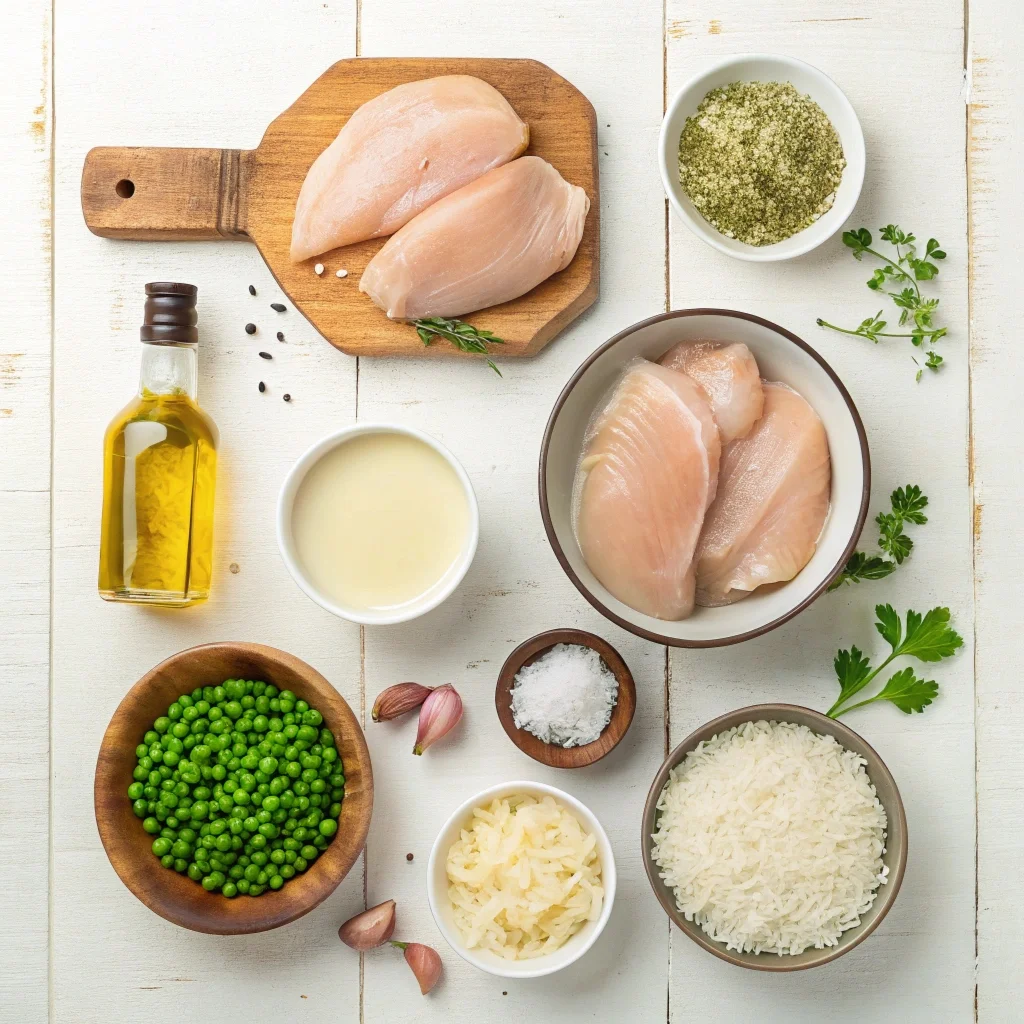 Simple ingredients for creamy chicken and rice skillet