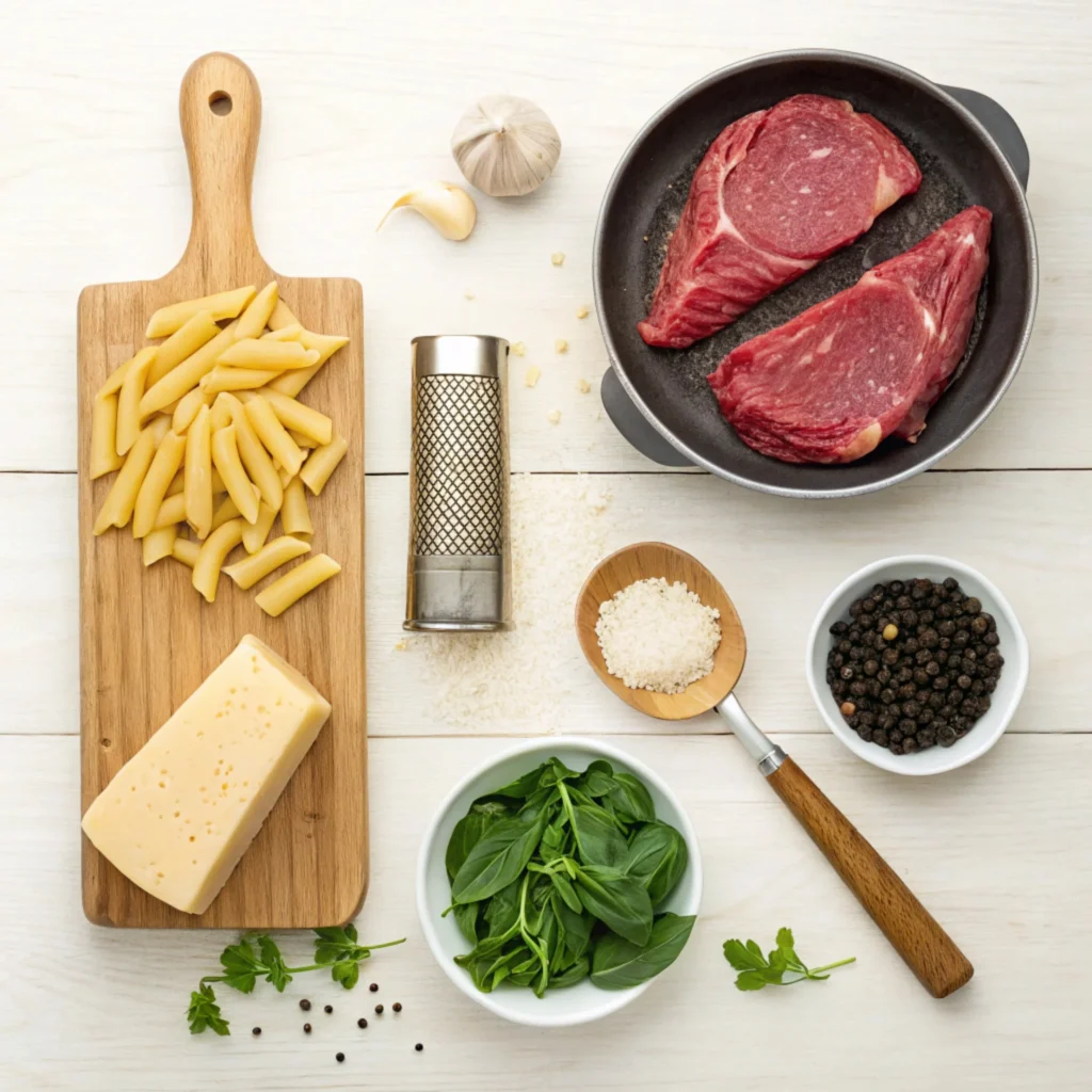 Simple ingredients for easy Creamy Steak Pasta