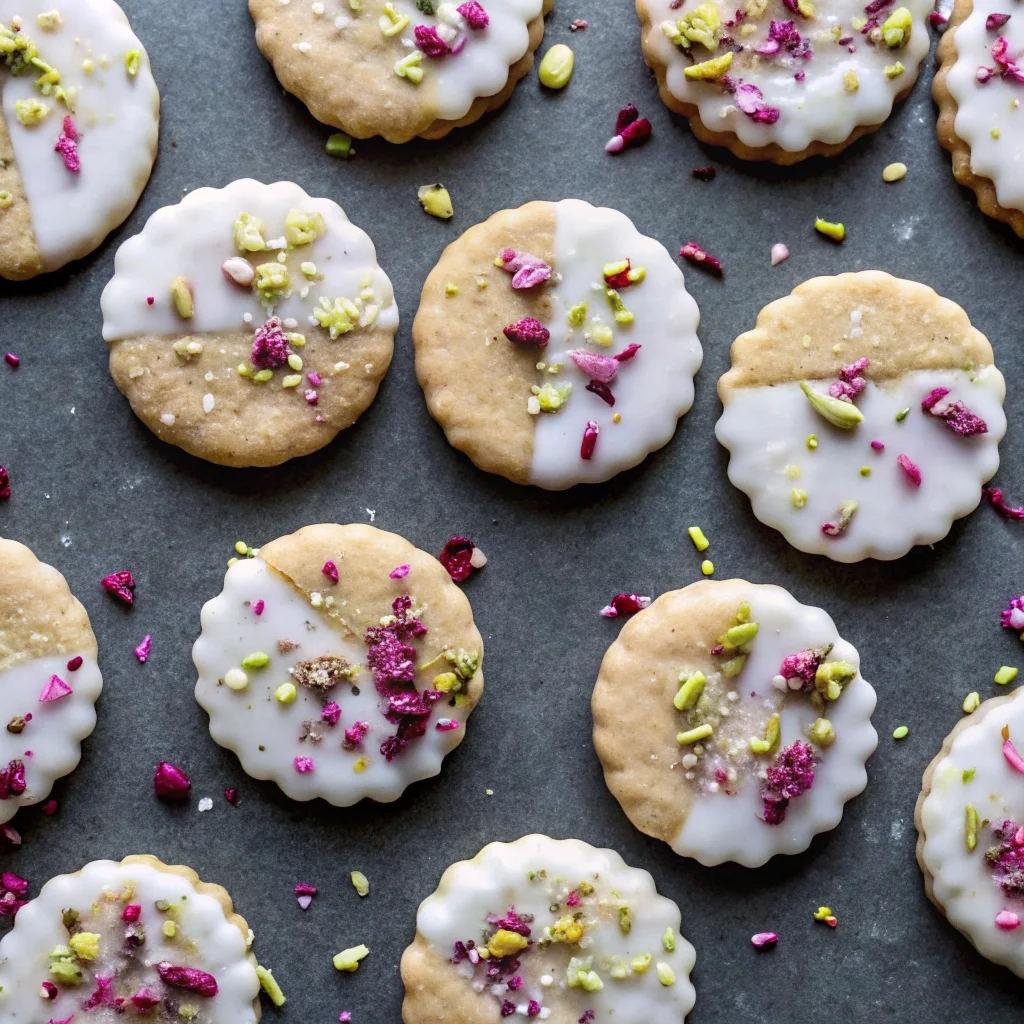 Elegant Rose & Pistachio Shortbread Cookies – dipped in white chocolate