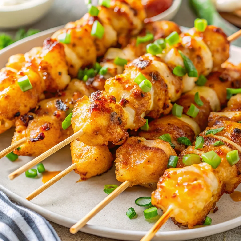 Crispy, cheesy Loaded Tater Tot Skewers – the ultimate game day appetizer