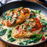 Easy creamy chicken spinach parmesan – tender chicken in a rich, cheesy spinach sauce
