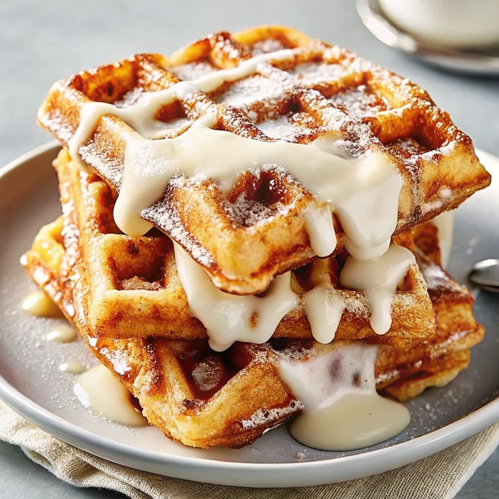 Easy cinnamon roll waffles with cream cheese drizzle – crisp waffles with a cinnamon swirl and creamy glaze