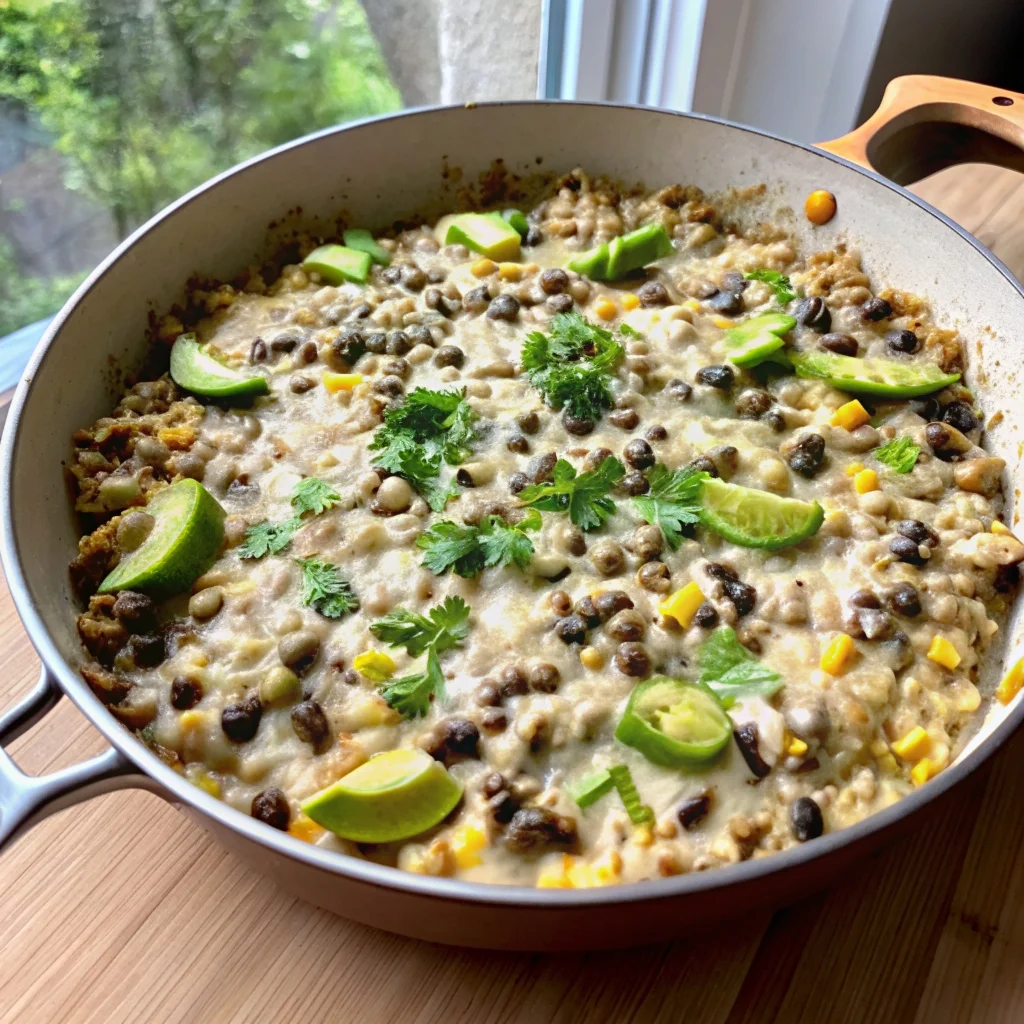 Easy salsa verde chicken and rice skillet – one pan meal with shredded chicken, black beans, corn, and melted cheese