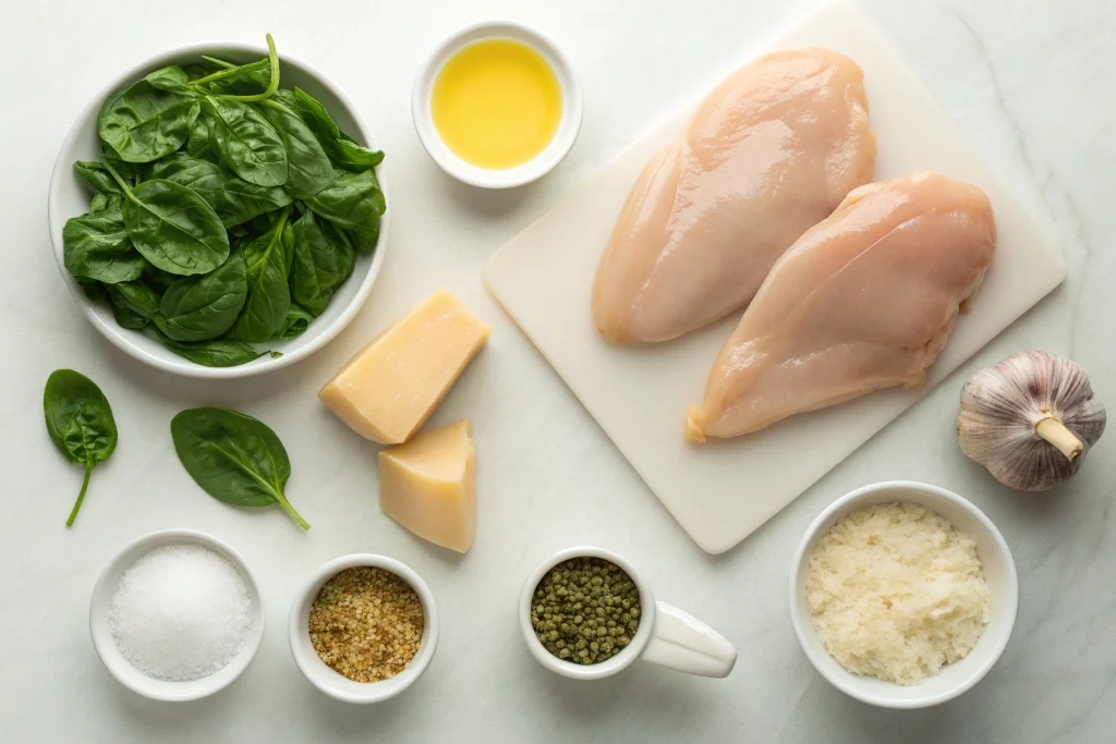 Ingredients for easy creamy chicken spinach parmesan