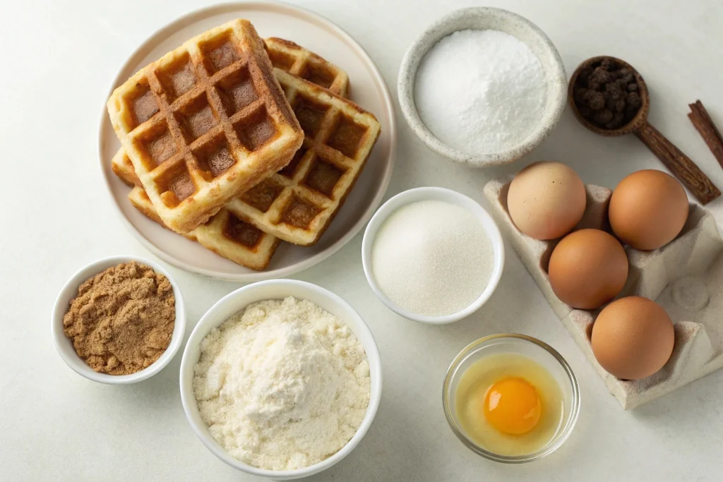 Ingredients for easy cinnamon roll waffles with cream cheese drizzle