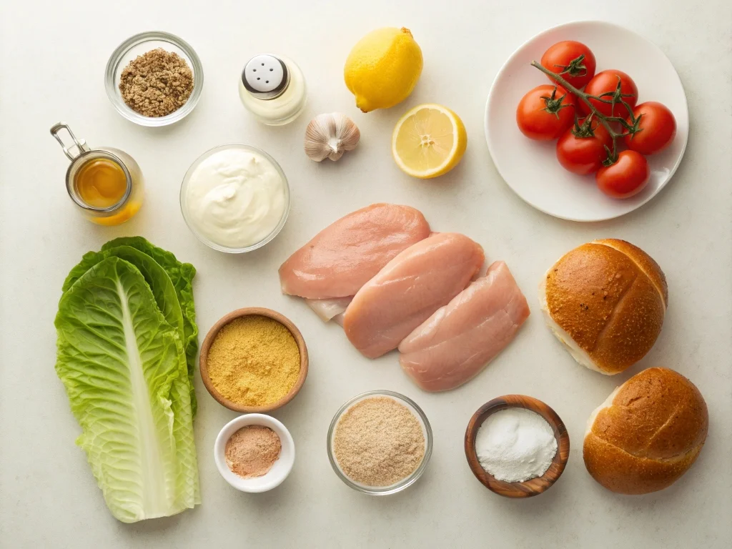 Ingredients for easy Cajun crispy chicken sandwich with garlic aioli