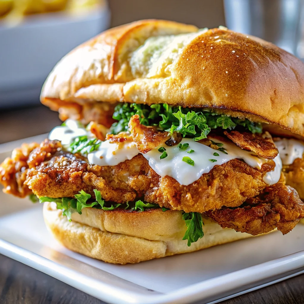 Easy Cajun crispy chicken sandwich with garlic aioli – golden crispy, spicy, creamy, on a brioche bun