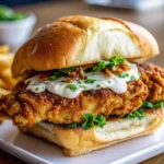 Easy Cajun crispy chicken sandwich with garlic aioli – golden crispy, spicy, creamy, on a brioche bun