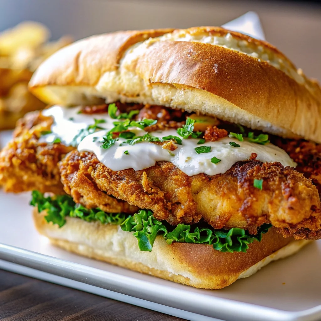 Easy Cajun crispy chicken sandwich with garlic aioli – golden crispy, spicy, creamy, on a brioche bun