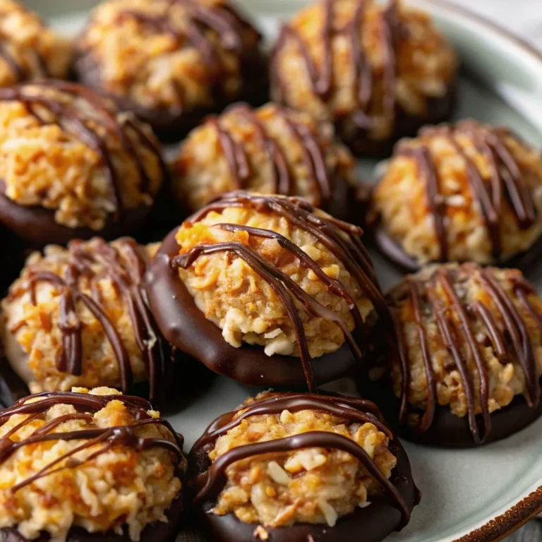Easy no-bake samoa cookies – toasted coconut, caramel, and chocolate – a Girl Scout favorite made at home!