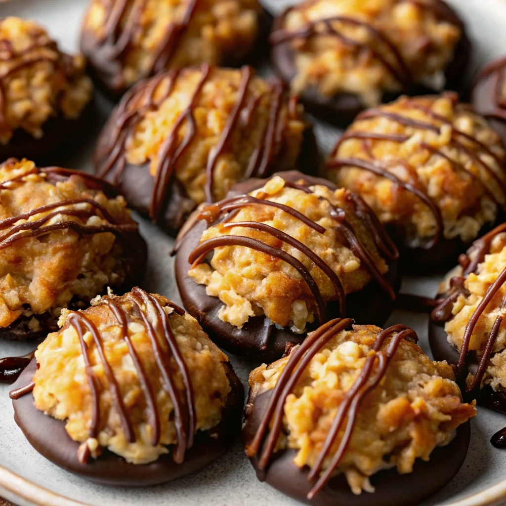 Easy no-bake samoa cookies – toasted coconut, caramel, and chocolate – a Girl Scout favorite made at home!